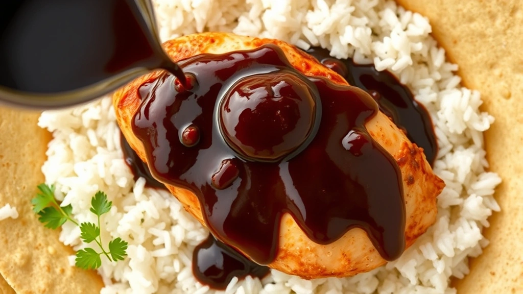 Overhead view of traditional mole sauce being drizzled over perfectly cooked chicken breast, rich dark chocolate-brown sauce with glossy finish, surrounded by white rice and fresh corn tortillas, professional culinary presentation