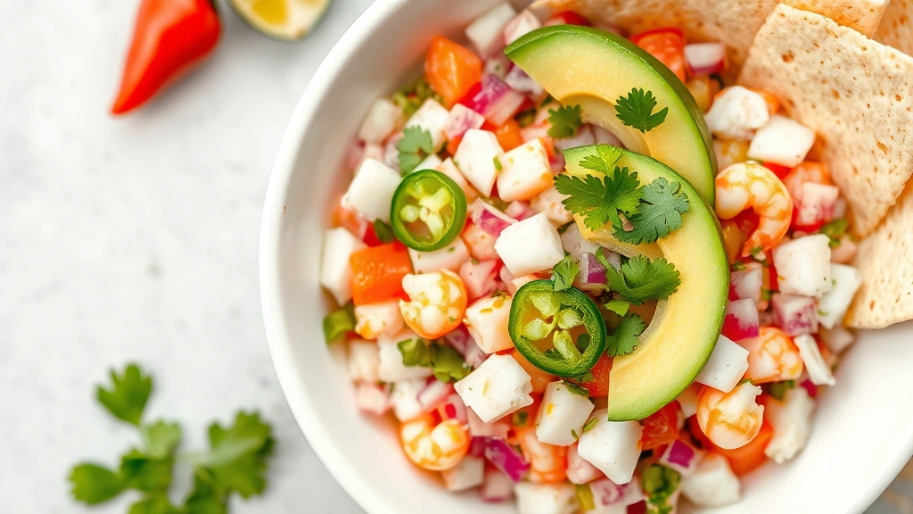 Artfully arranged Mexican ceviche in white bowl with fresh diced white fish, pink shrimp, diced red onion, jalapeño slices, cilantro, lime juice, avocado slices, tostadas on side, vibrant colors, fresh ingredients visible