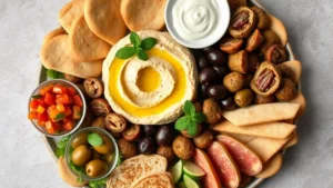 Overhead flat lay of Mediterranean mezze platter featuring hummus, baba ganoush, dolmas, tzatziki, olives, and fresh pita bread, garnished with fresh mint and olive oil