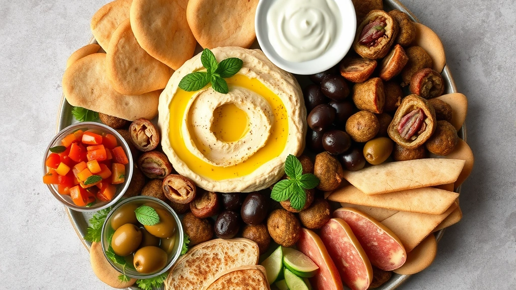Overhead flat lay of Mediterranean mezze platter featuring hummus, baba ganoush, dolmas, tzatziki, olives, and fresh pita bread, garnished with fresh mint and olive oil