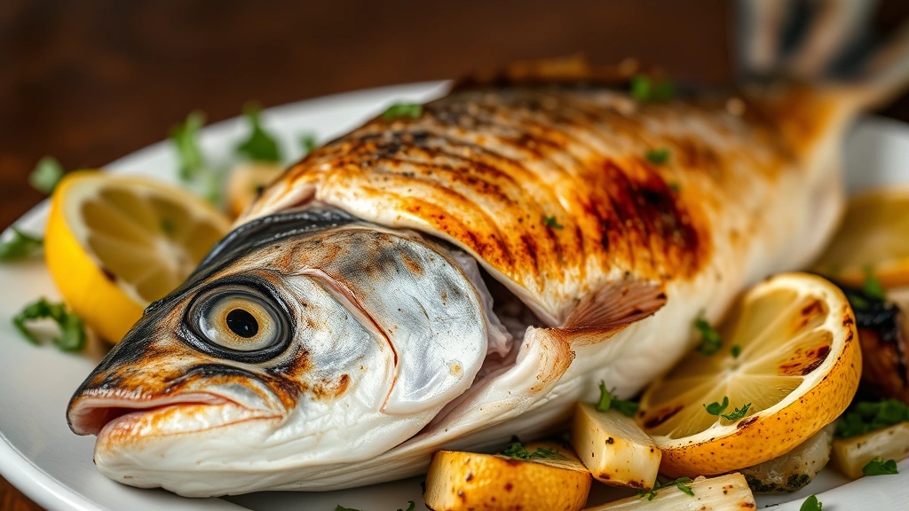 Close-up of perfectly seared whole branzino fish with crispy golden skin, served with charred lemon wedges, roasted fennel, and vibrant green herbs on white ceramic plate