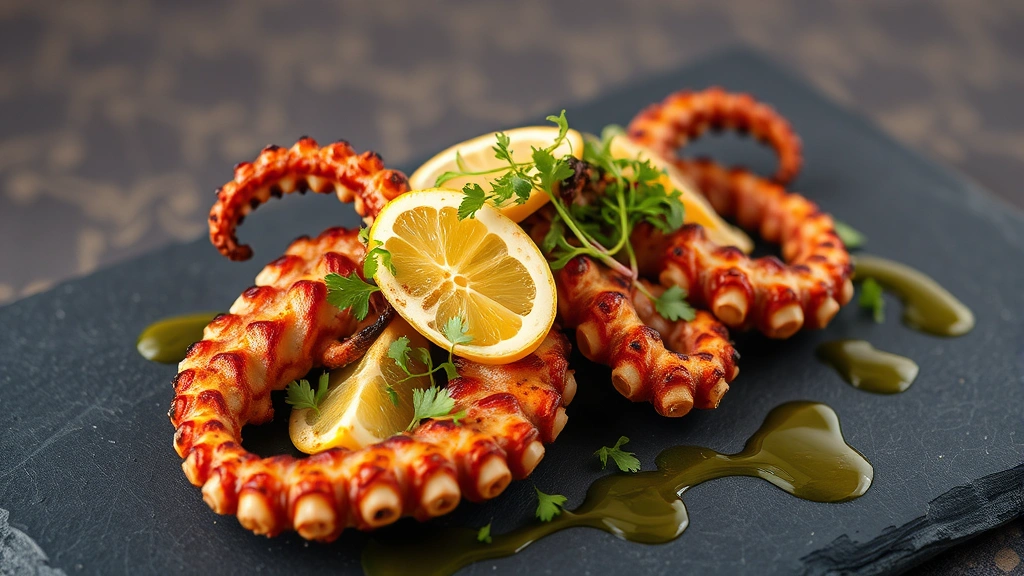 Elegant plated grilled octopus appetizer with charred tentacles, citrus segments, microgreens, and drizzled olive oil on slate serving board, Mediterranean coastal aesthetic