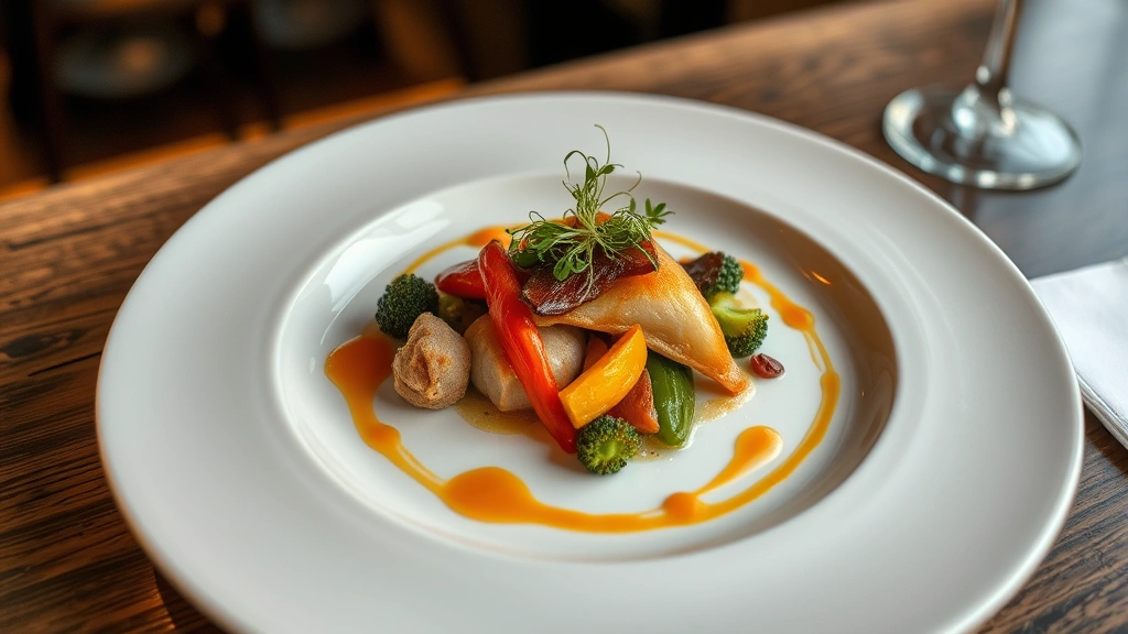 Overhead shot of a perfectly plated fine dining dish with seasonal vegetables, delicate sauce swirls, and artistic microgreens on white ceramic plate in warm restaurant lighting