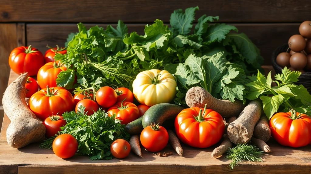 Rustic wooden table laden with fresh farm produce including heirloom tomatoes, leafy greens, root vegetables, and herbs arranged naturally with soft sunlight streaming across