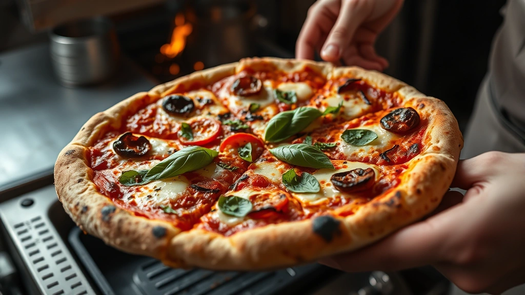 Close-up of wood-fired pizza with charred crust, melted cheese, fresh basil, and artisanal toppings being served by hands in professional kitchen setting
