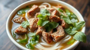 Close-up of steaming bowl of Vietnamese pho with fresh herbs, rice noodles, and tender beef slices in clear broth, garnished with cilantro and basil