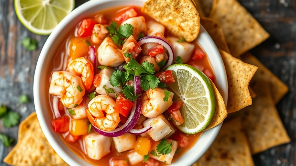 Overhead view of colorful Latin American ceviche in white ceramic bowl with lime juice-cured fish, shrimp, red onion, cilantro, and served with golden crispy tostadas