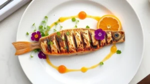 Overhead shot of a perfectly plated seafood dish with grilled fish fillet, microgreens, edible flowers, citrus segments, and artistic sauce drizzle on white ceramic plate, soft natural window light