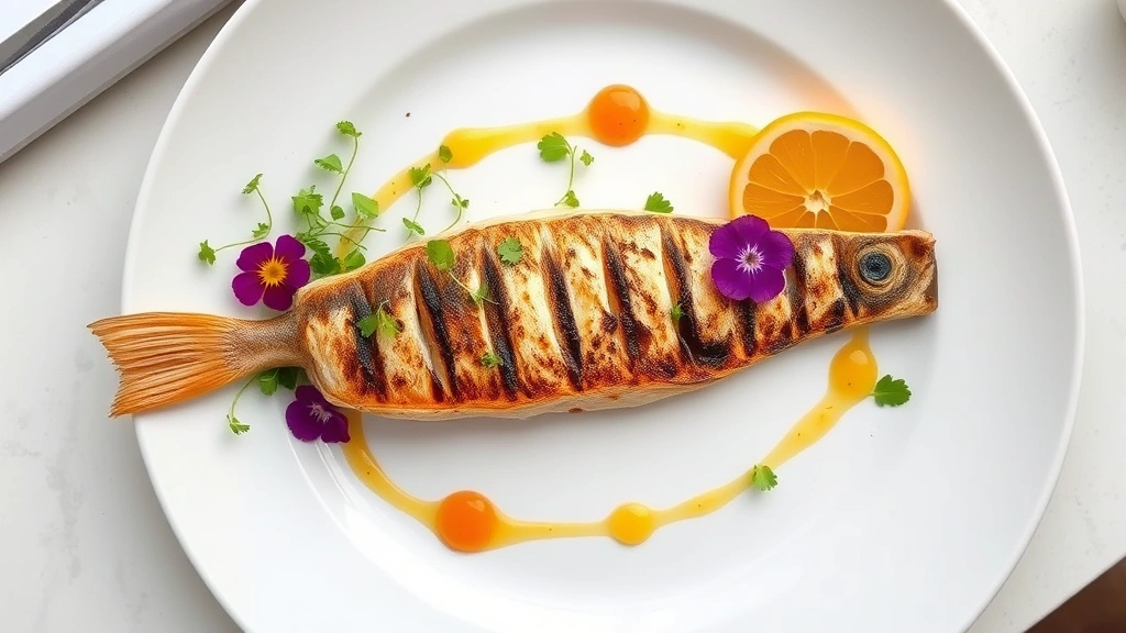 Overhead shot of a perfectly plated seafood dish with grilled fish fillet, microgreens, edible flowers, citrus segments, and artistic sauce drizzle on white ceramic plate, soft natural window light