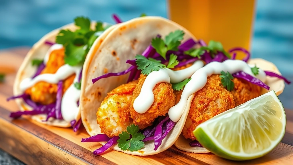Close-up of hand-rolled fresh fish tacos with crispy beer-battered white fish, shredded purple cabbage, creamy white sauce, fresh cilantro, and lime wedge, on wooden serving board with ocean view blurred background