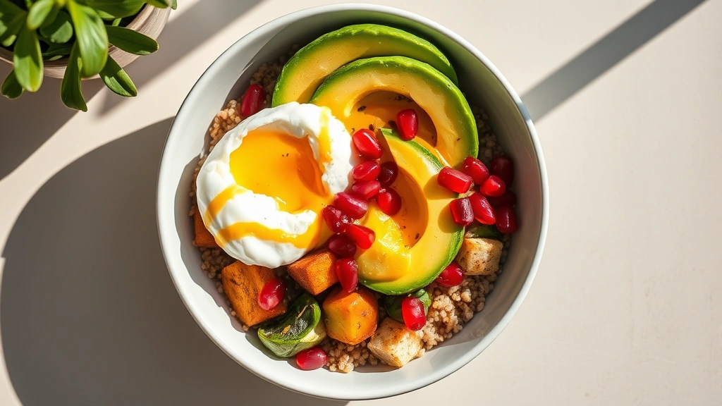 Vibrant brunch bowl with quinoa base, roasted vegetables, avocado slices, poached egg with runny yolk, pomegranate seeds, and tahini drizzle, photographed from above in natural morning sunlight