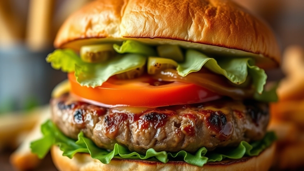 Close-up of a perfectly seared beef patty with golden crust, melted cheddar cheese, fresh tomato slice, crispy lettuce, and house-made pickles on a toasted brioche bun, professional food photography, warm lighting, shallow depth of field