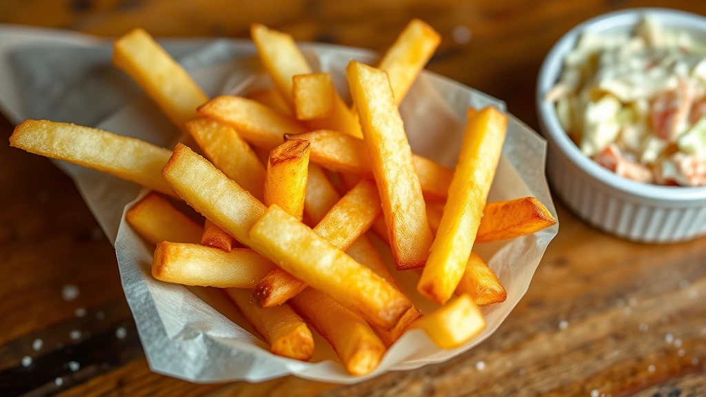Hand-cut golden-brown french fries in a paper cone with crispy exterior and fluffy interior, scattered sea salt crystals visible, alongside creamy coleslaw in small container, warm rustic background, appetizing food styling