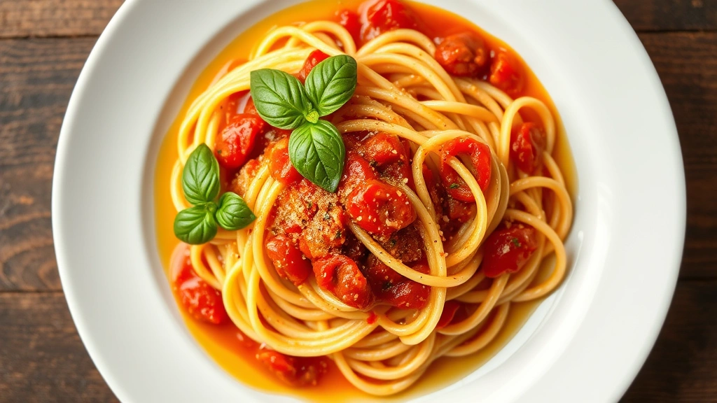 Overhead shot of a beautifully plated Italian pasta dish with fresh basil, glistening olive oil, and vibrant tomato sauce on white ceramic plate, professional culinary presentation