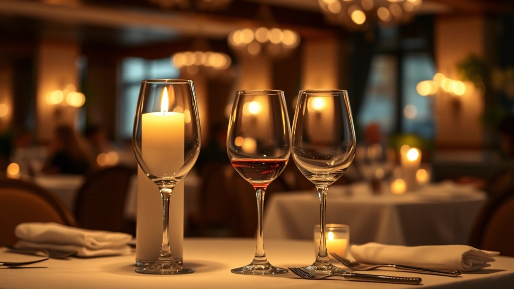 Romantic candlelit dinner table with elegant wine glasses, soft warm lighting, and blurred restaurant ambiance in background, intimate date night setting