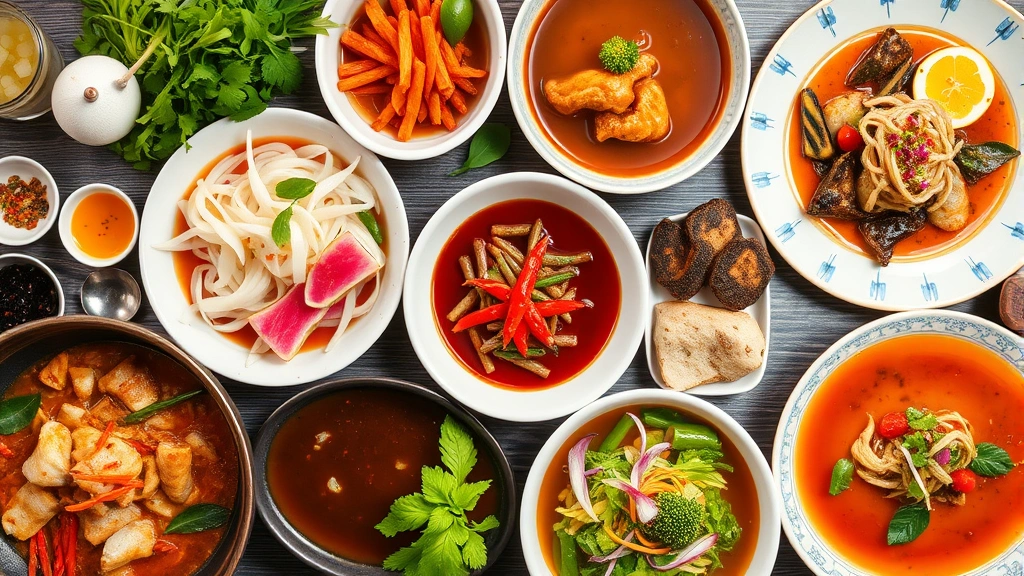 Overhead view of colorful Asian cuisine spread including fresh herbs, aromatic broths, and delicate garnishes, showcasing vibrant flavors and careful plating technique