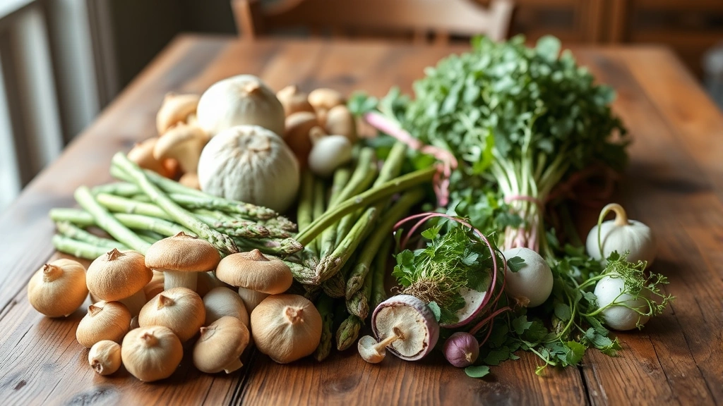 A wooden farmhouse table laden with spring vegetables—fresh morel mushrooms, tender asparagus spears, vibrant ramp bunches, and delicate microgreens arranged artfully with soft natural window light illuminating textures and earthy tones