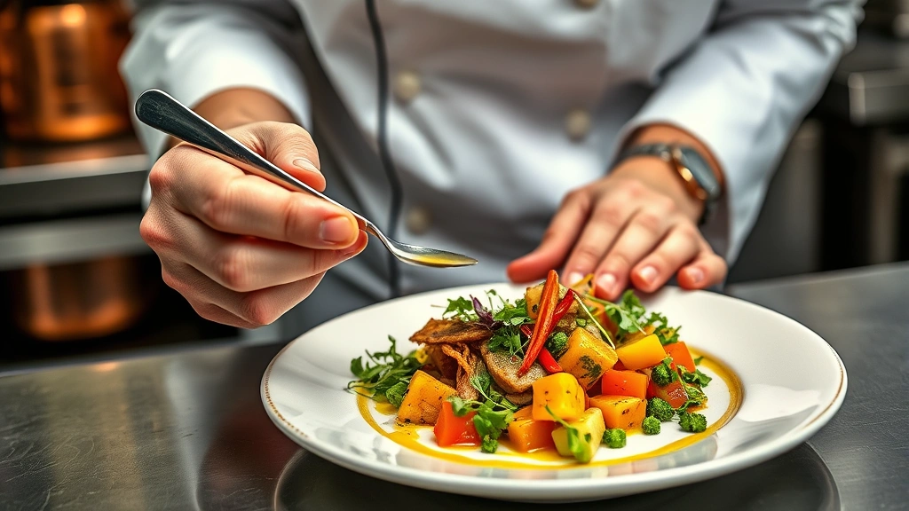 A professional chef's hands carefully plating a composed dish with tweezers and precision spoon, featuring colorful heirloom vegetables, herb oil drizzles, and microgreens, with blurred kitchen background showing copper pots and stainless steel surfaces