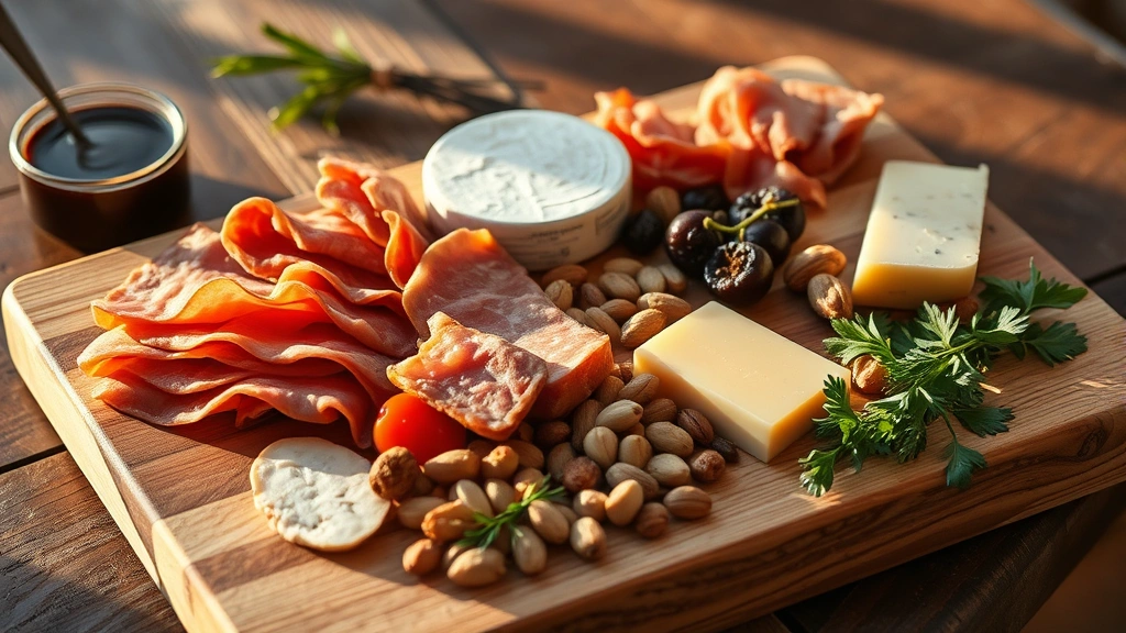 A rustic wooden cutting board displaying charcuterie and artisanal products—cured meats, aged cheeses, nuts, dried fruits, and fresh herbs arranged for a tasting board, with warm golden hour light creating shadows and depth