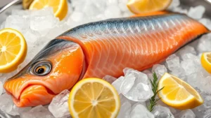 Freshly caught salmon fillet on ice at a fish market, glistening with moisture, surrounded by crushed ice and fresh lemon wedges, professional food photography lighting
