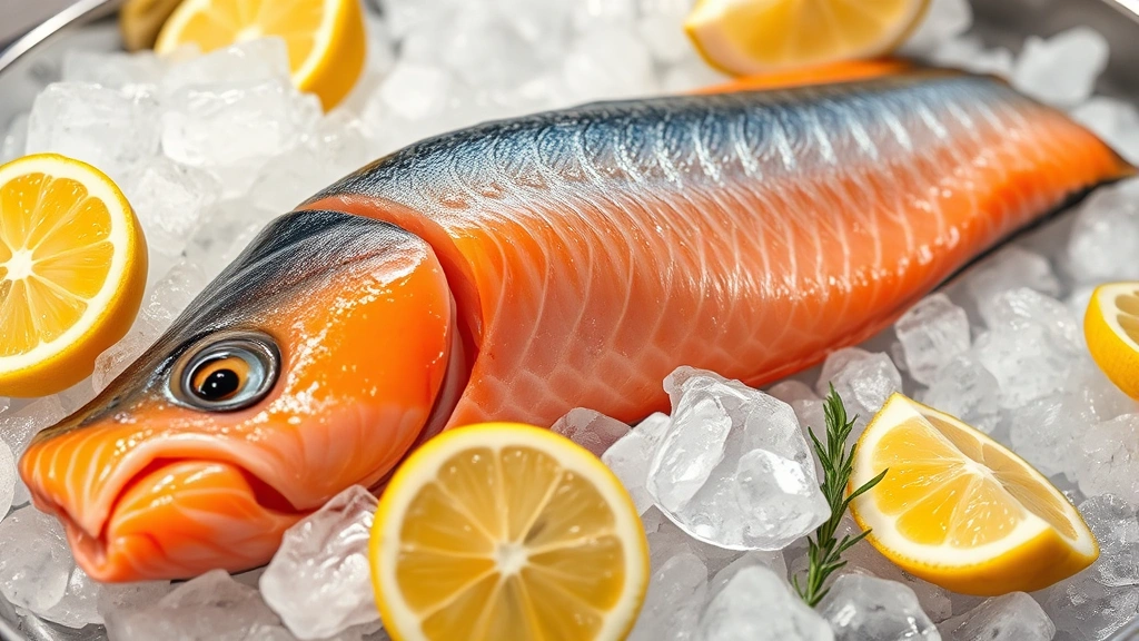 Freshly caught salmon fillet on ice at a fish market, glistening with moisture, surrounded by crushed ice and fresh lemon wedges, professional food photography lighting