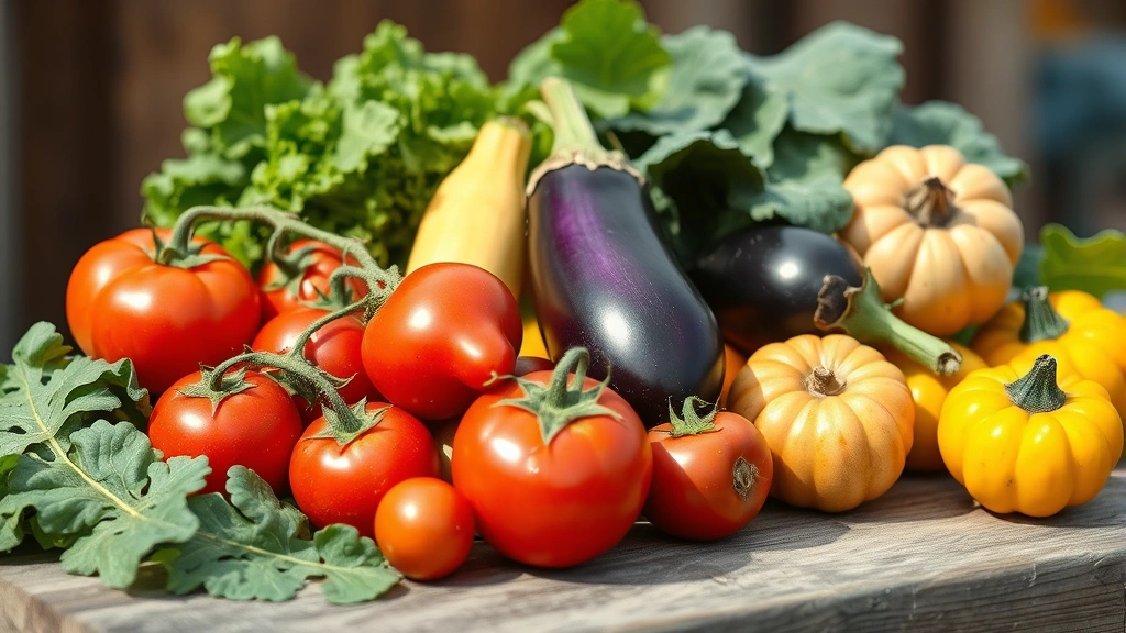 Farm-fresh heirloom vegetables arranged on a rustic wooden table including vibrant red tomatoes, purple eggplant, golden squash, and leafy greens in natural daylight
