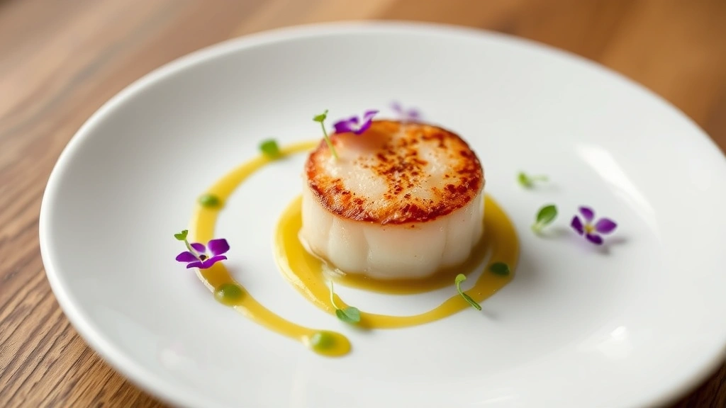 Elegantly plated fine dining dish featuring seared scallop with delicate microgreens, sauce swirl, and edible flowers on white ceramic plate with minimalist presentation