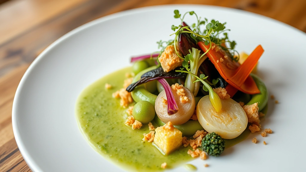 Artfully plated spring vegetables with pea velouté, crispy breadcrumbs, and delicate microgreens on white plate, natural lighting, professional fine dining presentation