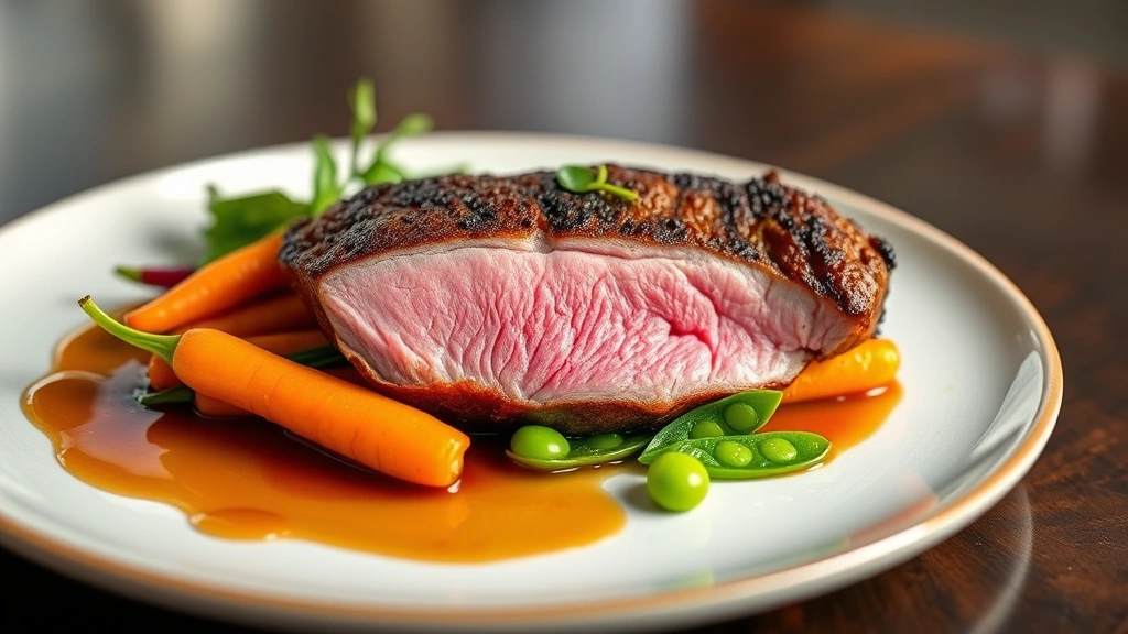 Perfectly seared duck breast with mahogany-crisp skin, rose-pink interior, cherry wood reduction, and spring vegetables including baby carrots with greens and snap peas, elegant plating