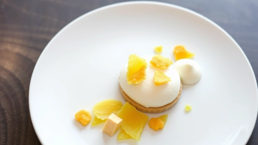 Deconstructed lemon tart dessert featuring lemon curd mousse cloud, crispy pâte sucrée fragments, candied lemon peel, vanilla crème fraîche quenelle, geometric arrangement on white plate