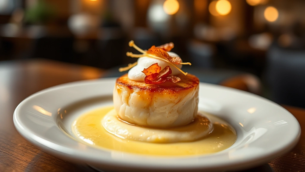Close-up of plated seared scallop with cauliflower puree, crispy pancetta, and lemon foam on white ceramic plate, warm professional restaurant lighting