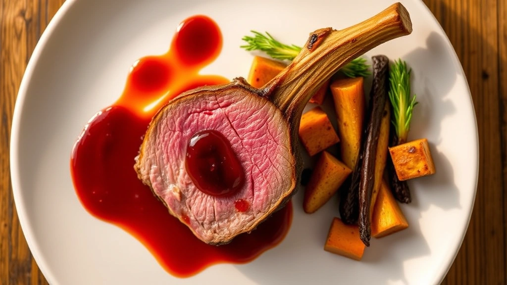 Overhead view of dry-aged duck breast with cherry gastrique, silky duck jus, roasted root vegetables on white plate, fine dining presentation, soft golden light