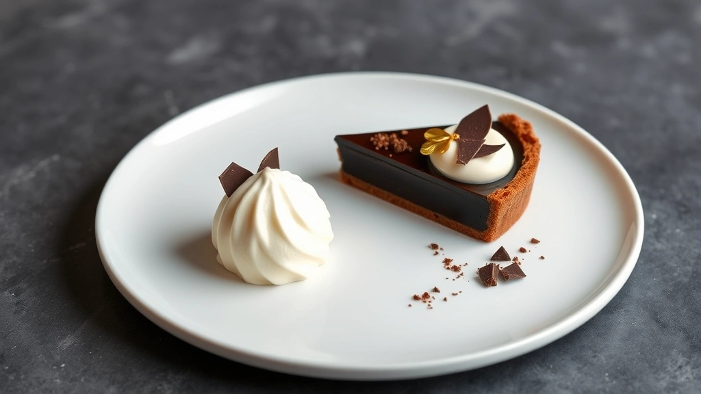Artistic plating of dark chocolate tart with vanilla ice cream quenelle, chocolate shards, gold leaf garnish on minimalist white plate, professional food photography