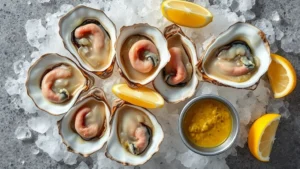Professional overhead shot of pristine raw oysters on crushed ice with lemon wedges and mignonette sauce, coastal seafood preparation, photorealistic, bright natural lighting