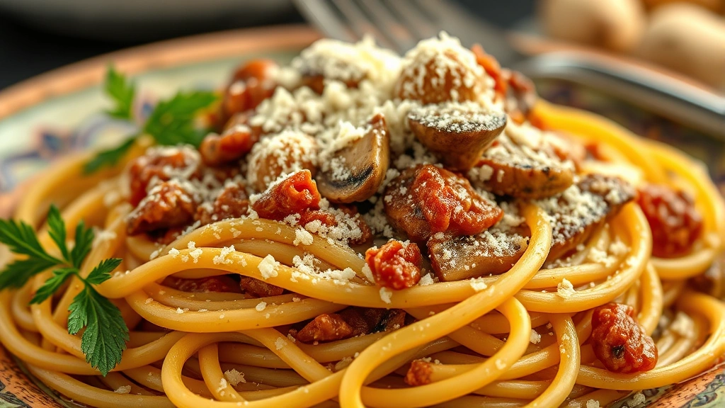 Vibrant close-up of fresh handmade pasta with wild mushroom ragù and grated Parmesan cheese, steam rising, rustic plating, warm kitchen lighting, photorealistic