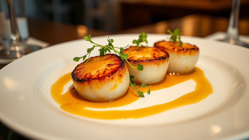 Elegantly plated fine dining dish featuring seared scallops with microgreens, sauce artistry, white plate, professional restaurant presentation, photorealistic, sophisticated ambiance