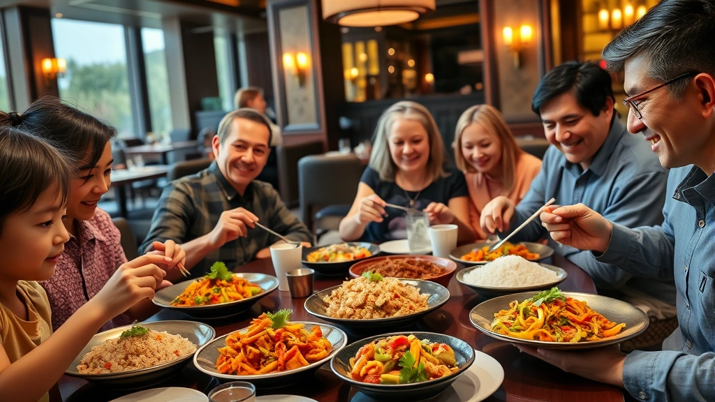 Multi-generational family enjoying colorful stir-fried vegetables and aromatic rice dishes at an upscale Asian restaurant, steam rising from plates, fresh cilantro garnish, warm candlelit ambiance, parents and children all engaged with their meals