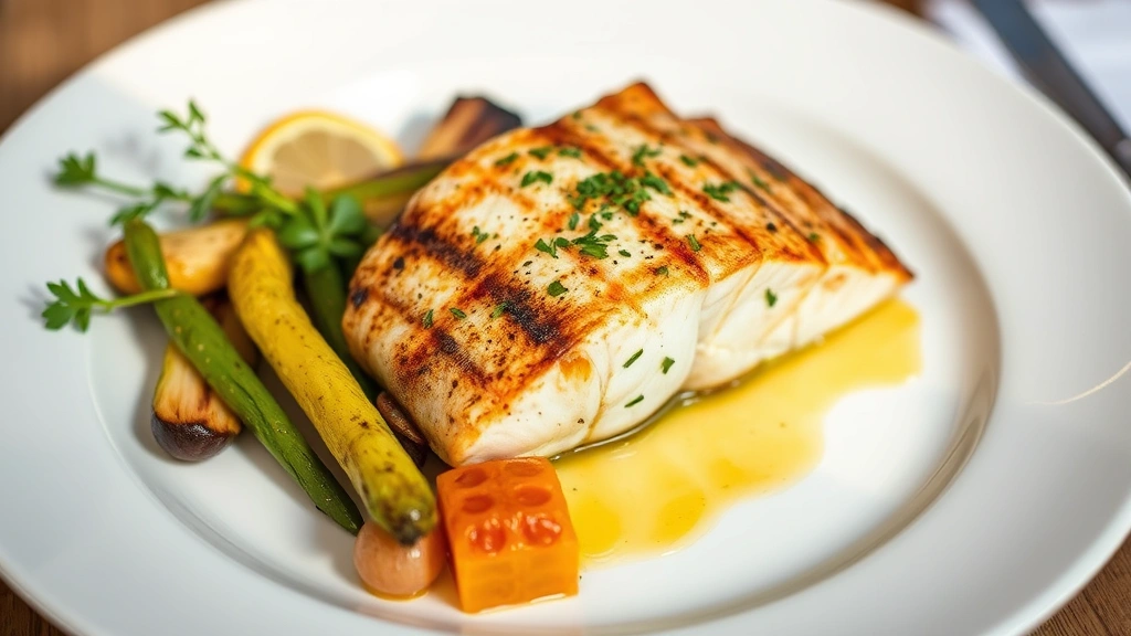 Artfully plated grilled fish fillet with delicate herbs, roasted seasonal vegetables, and citrus reduction on white ceramic plate, natural lighting highlighting the food's fresh colors and textures, professional restaurant presentation