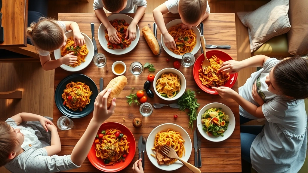 Overhead view of a vibrant family dining table with colorful pasta dishes, fresh vegetables, and glasses of water, children's hands reaching for fresh bread, warm natural lighting from windows, casual restaurant setting with wooden tables