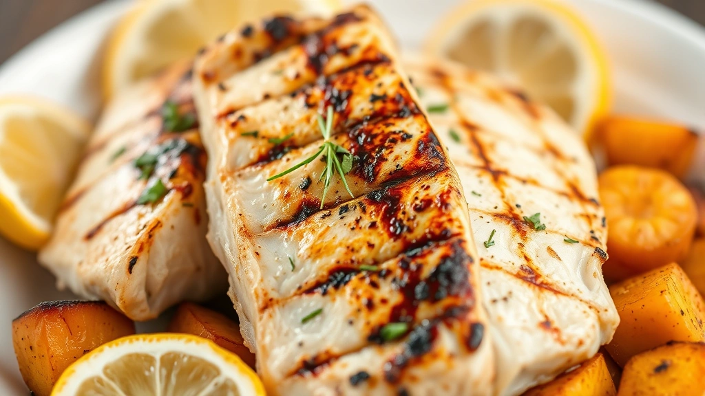 Close-up of perfectly grilled fish fillets with charred exterior, fresh lemon wedges, roasted root vegetables in warm golden tones, herbs garnished artfully, shallow depth of field highlighting texture and color, professional plating on white ceramic plate