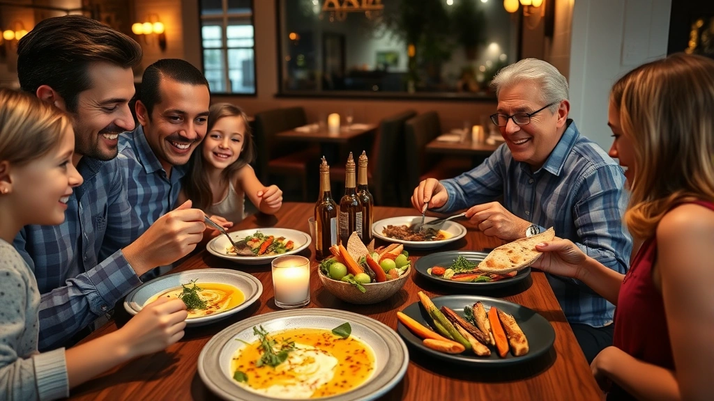 Family of four sharing small plates at a restaurant table featuring Mediterranean mezze spread with hummus, fresh pita bread, grilled vegetables, quality olive oil, and fresh herbs, warm candlelit ambiance, genuine smiles and interaction, authentic dining moment