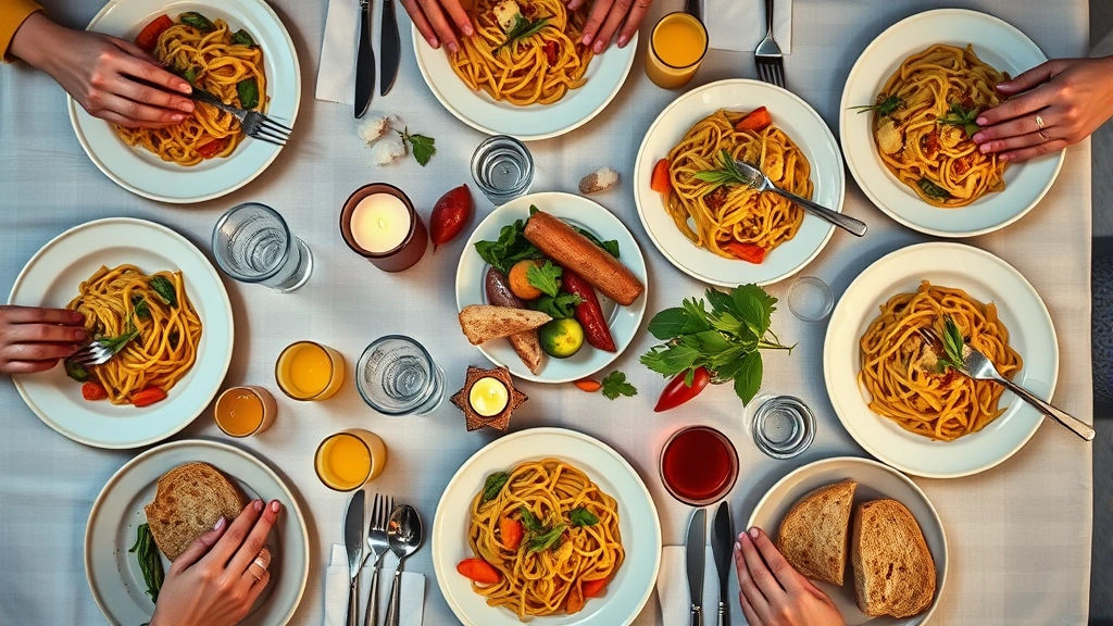 Overhead shot of a vibrant family dinner table with multiple plates of fresh pasta, colorful vegetables, warm bread, and glasses of water and juice, candlelight reflecting off ceramic dishes