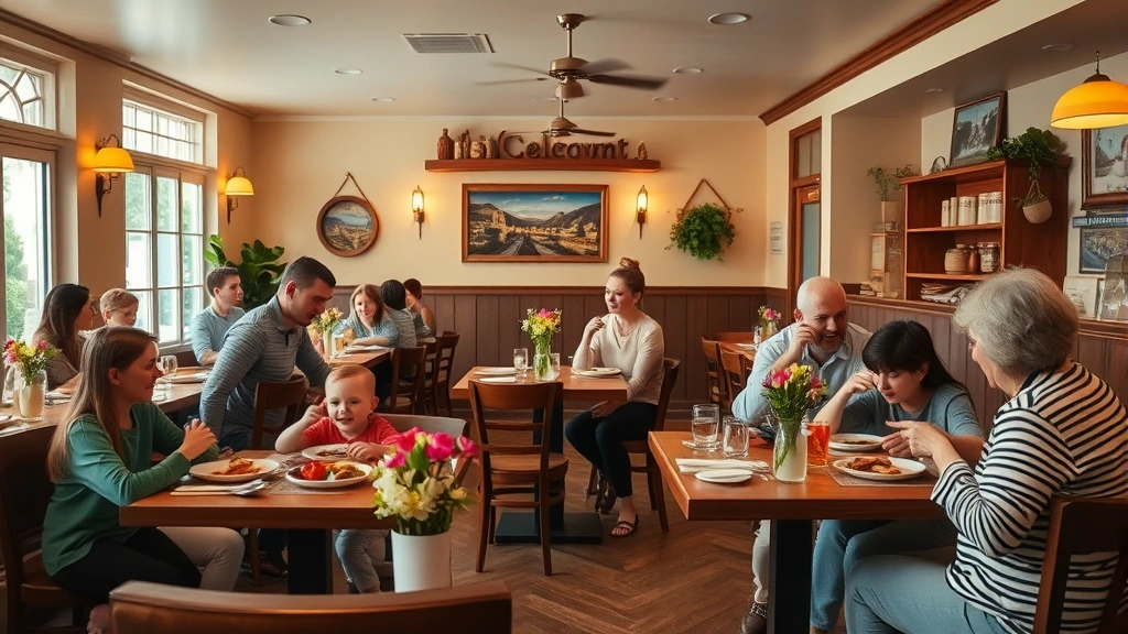 Warm interior of a welcoming family restaurant with wooden tables, soft lighting, families of different ages enjoying meals together, fresh flowers on tables, relaxed and joyful atmosphere