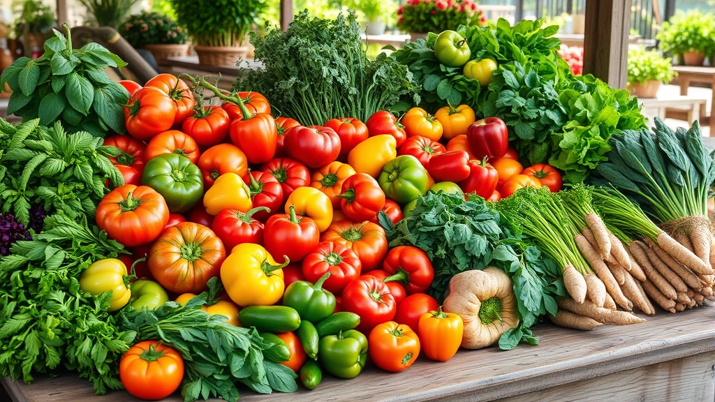 Vibrant farmers market display with heirloom tomatoes, colorful bell peppers, fresh herbs, leafy greens, and root vegetables arranged artfully on rustic wooden table, morning sunlight illuminating produce