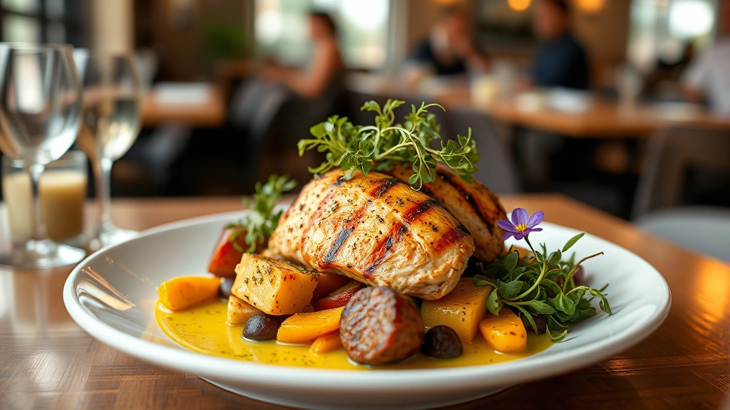 Farm-to-table restaurant plated dish featuring grilled heritage chicken breast, roasted root vegetables, microgreens, edible flowers, and herb oil on white ceramic plate, restaurant ambiance blurred background