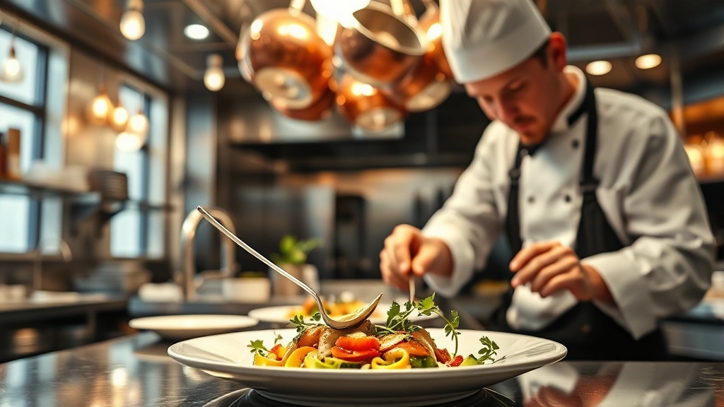 Open kitchen view of chef plating seasonal vegetable dish with precise tweezers, fresh herbs, and artistic sauce work, copper cookware hanging above, warm restaurant lighting reflecting on stainless steel surfaces