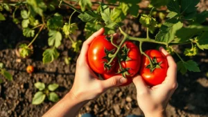 Overhead shot of farmer's hands harvesting fresh ripe heirloom tomatoes from vine in morning sunlight, with soil and leaves visible, showing organic farming