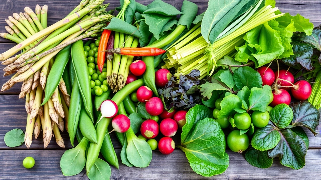 Vibrant array of just-picked seasonal vegetables on rustic wooden table including asparagus, peas, radishes, and leafy greens with morning dew