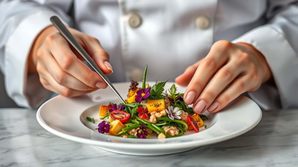 Close-up of chef's hands plating delicate seasonal dish with fresh herbs and edible flowers, showing professional kitchen technique and ingredient care