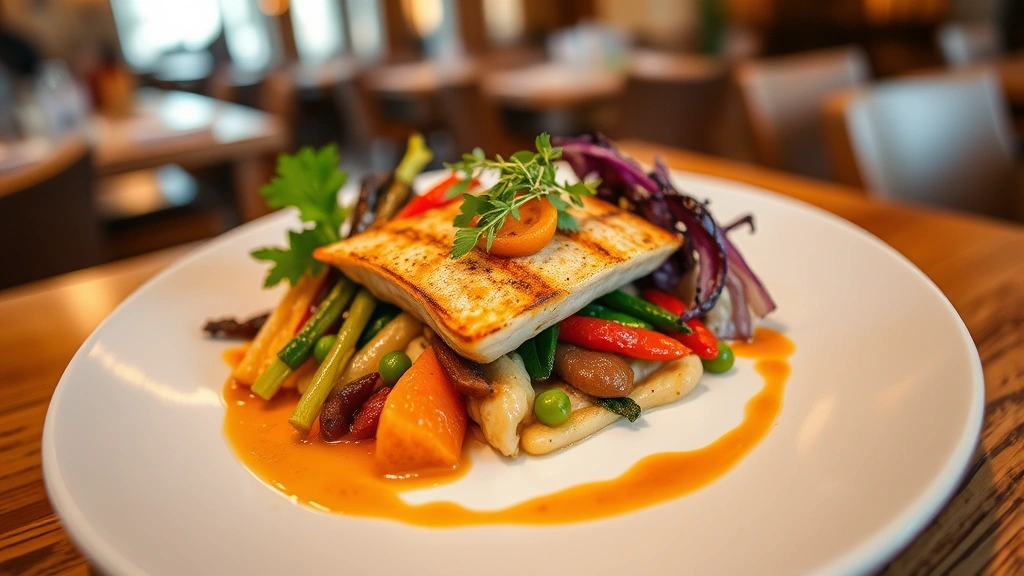 Beautifully plated contemporary American dish with seasonal vegetables, protein centerpiece, and artistic sauce work on white ceramic plate, warm restaurant lighting, shallow depth of field focusing on textures and colors